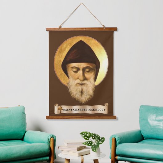 St. Charbel Makhlouf Wood Topped Wall Tapestry Wandteppich Mit Holzrahmen (Wohnzimmer)