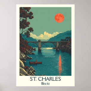 St. Charles Illinois Vintag River Bridge Travel Poster
