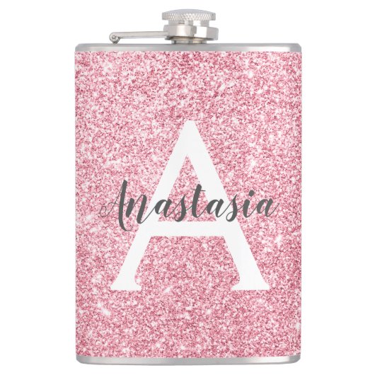 St chic & trendy roségold Glitter Funkeln Monogram Flachmann (Vorderseite)
