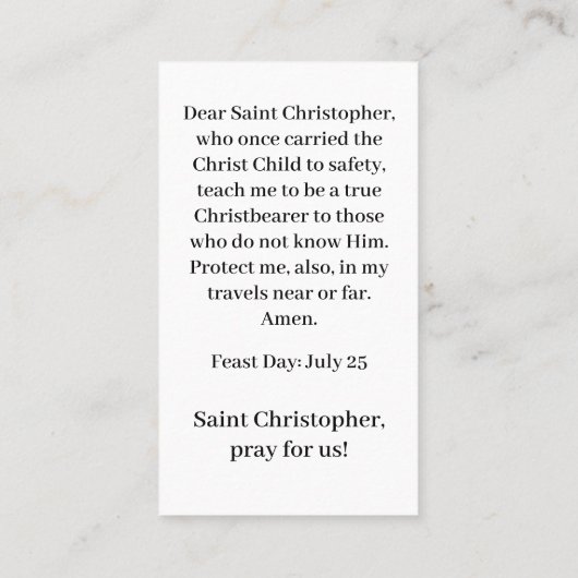 St Christopher Customizable Prayer Card Telefonnummerkarte (Rückseite)