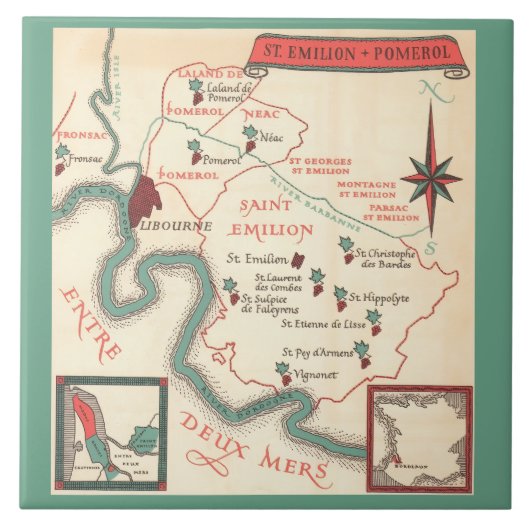St. Emilion Bordeaux Wine Map  Ceramic Tile Fliese (Vorderseite)