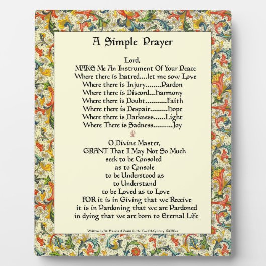 St. Francis Assisi Einfaches Gebet für den Frieden Fotoplatte (Vorderseite)