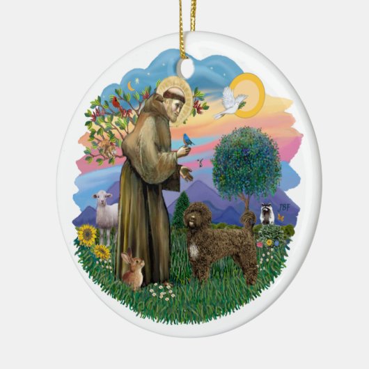 St Francis - Brown Portugiesischer Wasserdog Keramik Ornament (Links)