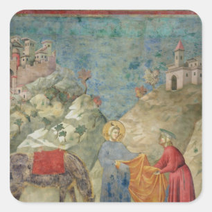 St Francis gibt einem Fremden seinen Mantel Quadratischer Aufkleber