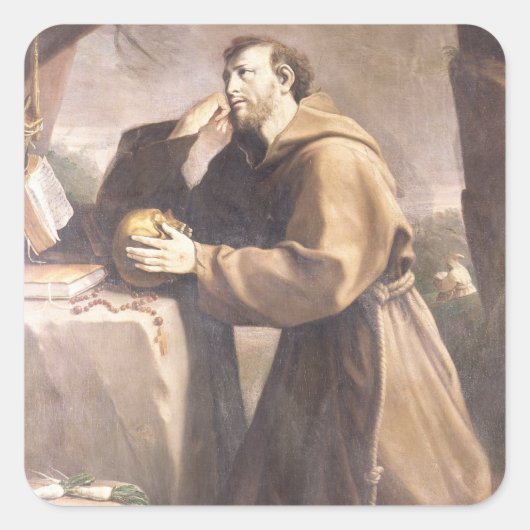 St. Francis von Assisi im Gebet Quadratischer Aufkleber (Vorderseite)