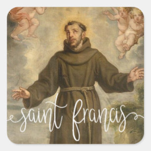 St. Francis von Assisi  White Script Overlay Quadratischer Aufkleber