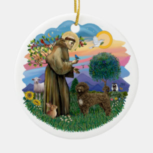 St. Franziskus - brauner portugiesischer Wasserhun Keramik Ornament
