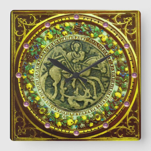 ST.GEORGE, DRAGON BRONZE MEDALLION  FLORAL CROWN QUADRATISCHE WANDUHR (Vorderseite)