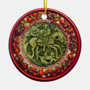 ST.GEORGE, DRAGON/MADONNA UND KINDERBLUMENKROWN KERAMIK ORNAMENT