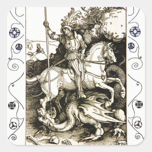 ST. GEORGE UND DRAGON , Schwarz-weiß Quadratischer Aufkleber (Vorderseite)