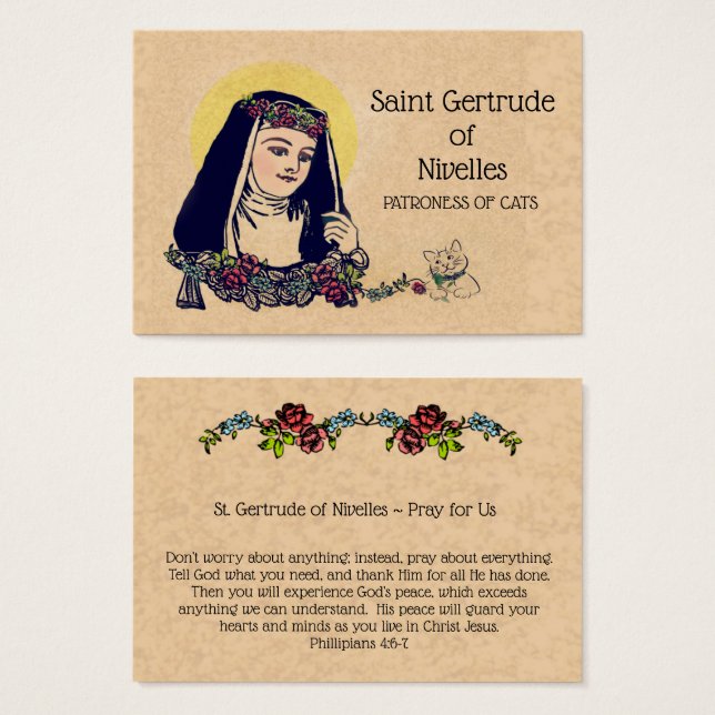 St. Gertrude of Nivelles Patron of Cats Holy Card (Vorne & Hinten)