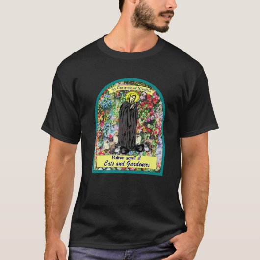 St Gertrude von Nivelles. Schutzheilige von Katzen T-Shirt (Vorderseite)