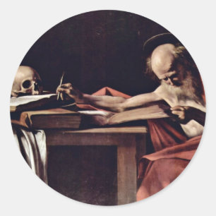 St. Hieronymus schreibt von Michelangelo Merisi Da Runder Aufkleber