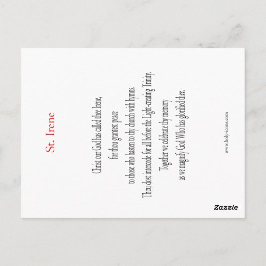 St. Irene Prayer Card Postkarte (Rückseite)