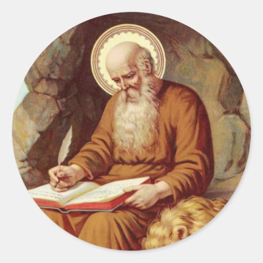 St. Jerome schreibt Schrift mit Löwen Runder Aufkleber (Vorderseite)