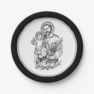 St. Joseph bete für uns Schwarz, Weiß, Katholisch Pappteller