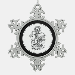 St. Joseph betet für uns Schwarz, Weiß, Katholik Schneeflocken Zinn-Ornament
