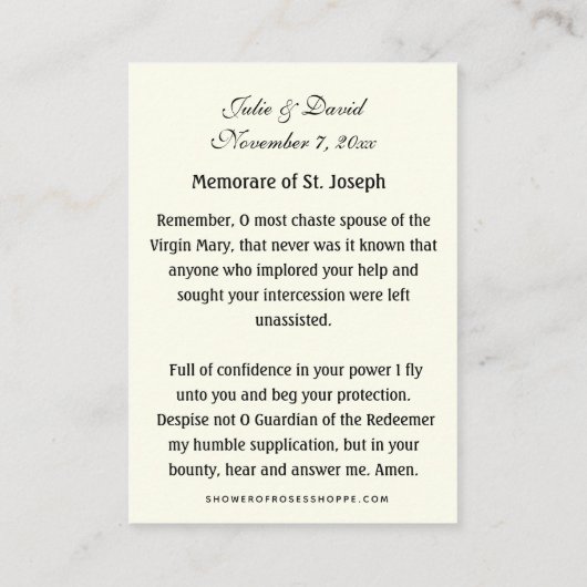 St. Joseph Gastgeschenk Hochzeit Gebetskarte Relig Visitenkarte (Rückseite)