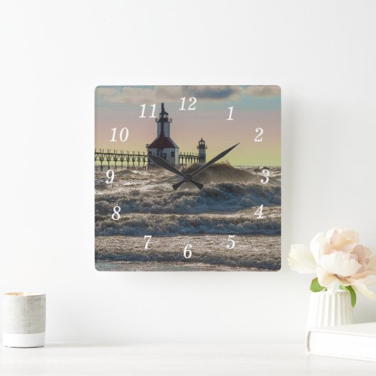 St. Joseph Lighthouse Painterly Square Wall Clock Quadratische Wanduhr (Zuhause)