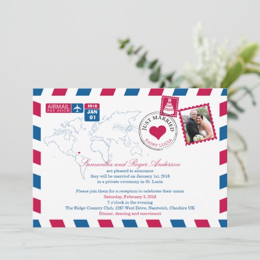 St. Lucia Airmail Post Wedding Reception Einladung (Stehend Vorderseite)