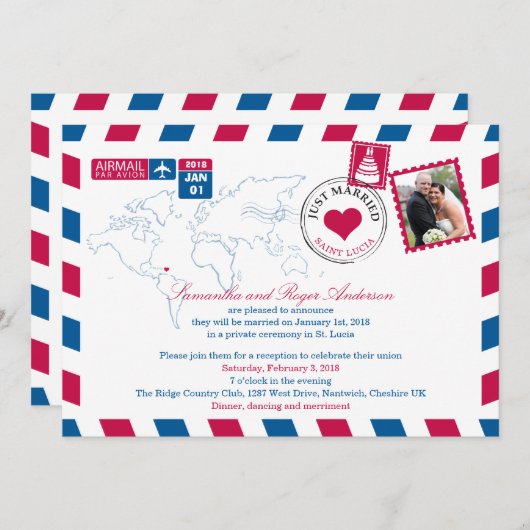 St. Lucia Airmail Post Wedding Reception Einladung (Vorne/Hinten)