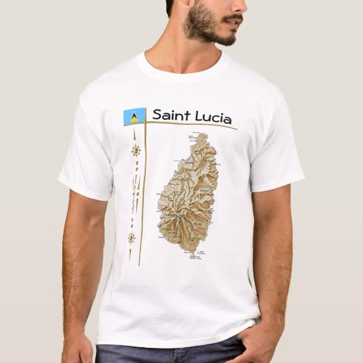 St. Lucia Karte + Flagge + T - Shirt (Vorderseite)