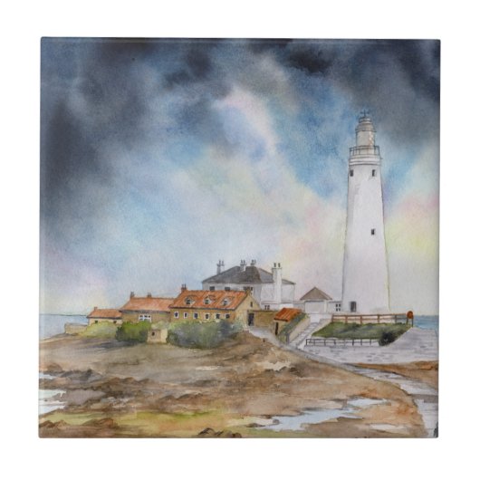 St Mary Lighthouse Whitley Bay Watercolor Fliese (Vorderseite)