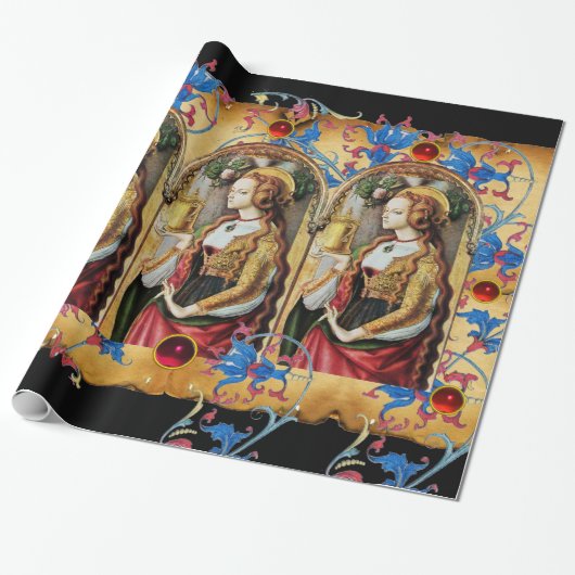 ST MARY MAGDALENE BLUE FLORAL PARCHMENT RED GEMS GESCHENKPAPIER (Ungerollt)