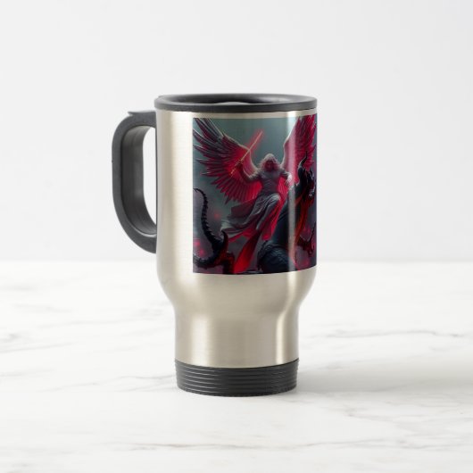 St. Michael der Erzengel Slays Satan Travel Mug Reisebecher (Vorderseite Links)