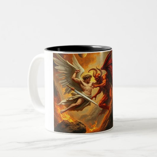St. Michael der Erzengel Slays Satan zweifarbige T Zweifarbige Tasse (Vorderseite Links)