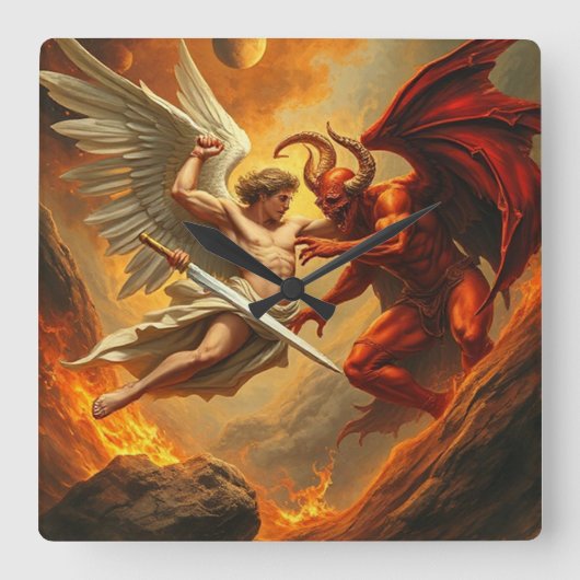 St. Michael der Erzengel tötet die Teufel-Uhr Quadratische Wanduhr (Vorderseite)