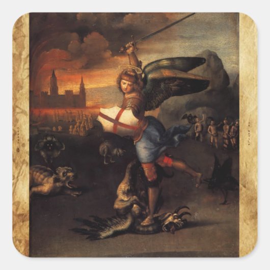 St. Michael und der Drache ,Brown Parchment Quadratischer Aufkleber (Vorderseite)