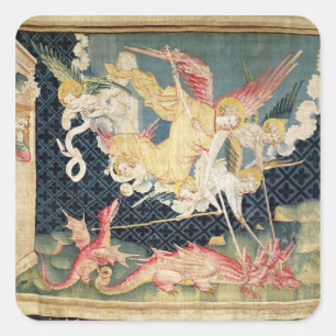 St. Michael und seine Engel kämpfen den Drachen Quadratischer Aufkleber