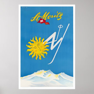 St. Moritz Schweiz Vintage-Skiplakat - Gerahmt Poster