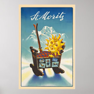 St. Moritz Schweiz Vintage-Skiplakat - Gerahmt Poster