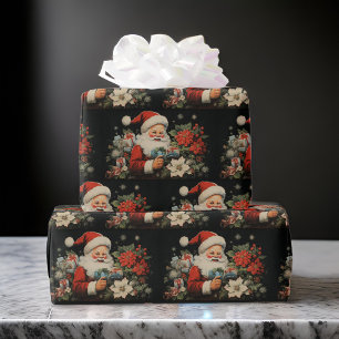 St Nicholas Weihnachts-Poinsettien-Blumen Schwarz Geschenkpapier