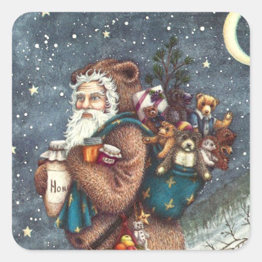 ST. NICK IN TEDDY BEAR ANZUG, CHRISTMAS TEDDIES QUADRATISCHER AUFKLEBER (Vorderseite)