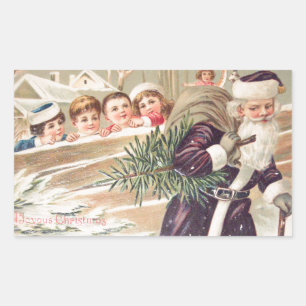 St. Nikolaus mit Baum und Kindern Vintage Rechteckiger Aufkleber