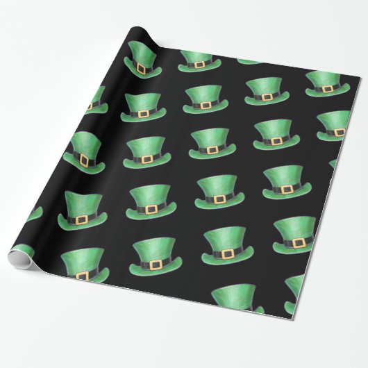 St Paddy's Day Green Top Hat Muster auf schwarz Geschenkpapier (Ungerollt)