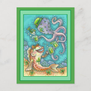 St. PADDY'S FISCH UND OKTOPUS PROST AUF GRÜNES BIE Feiertagspostkarte