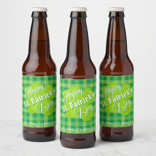 St Patrck's Day Lucky Clover Green Tartan Custom Bierflaschenetikett (Flaschen)