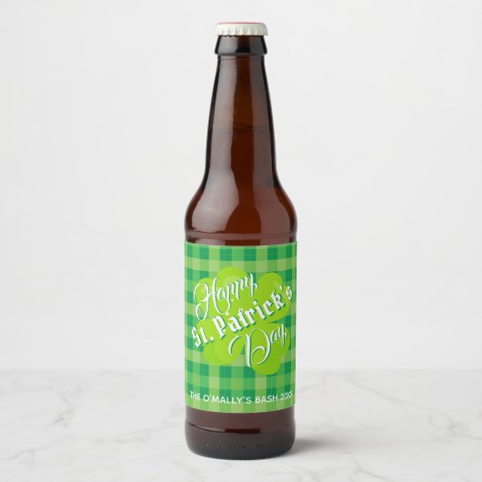 St Patrck's Day Lucky Clover Green Tartan Custom Bierflaschenetikett (Vorderseite)