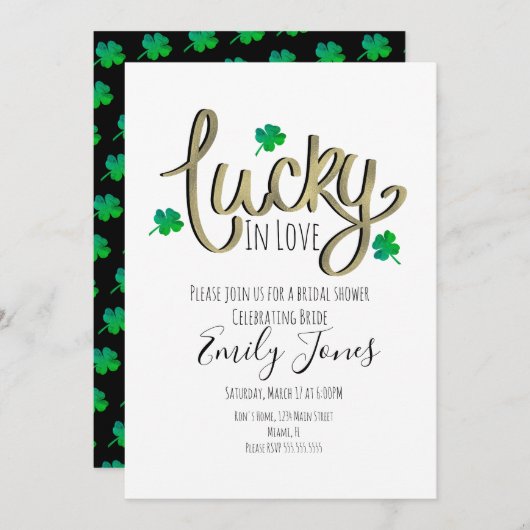 St Patrick Day Lucky in Liebe Gold Brautparty Einladung (Vorne/Hinten)