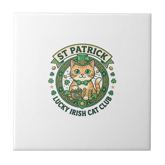 St. Patrick Glücklicher Irischer Katze Süße Katze Fliese (Vorderseite)
