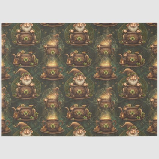 St Patrick Gnome Magic Cauldron Dark Wood Seidenpapier (Vorderseite)