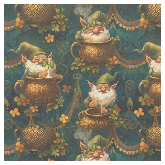 St Patrick Gnome Pot Gold 4 Leaf Kleeblatt Muster Stoff (Nahaufnahme)