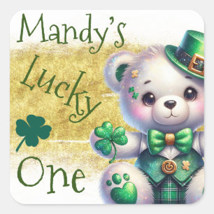 St.Patrick’s Day Bär Grün Geburtstag Glückspilz Quadratischer Aufkleber