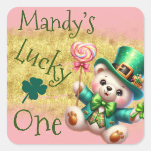 St.Patrick’s Day Bär Rosa Geburtstag Glückspilz Quadratischer Aufkleber