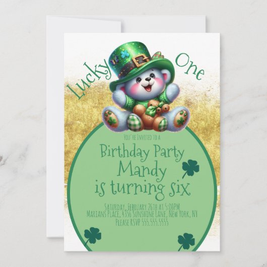 St.Patrick’s Day Bear Birthday Lucky One Einladung (Vorderseite)