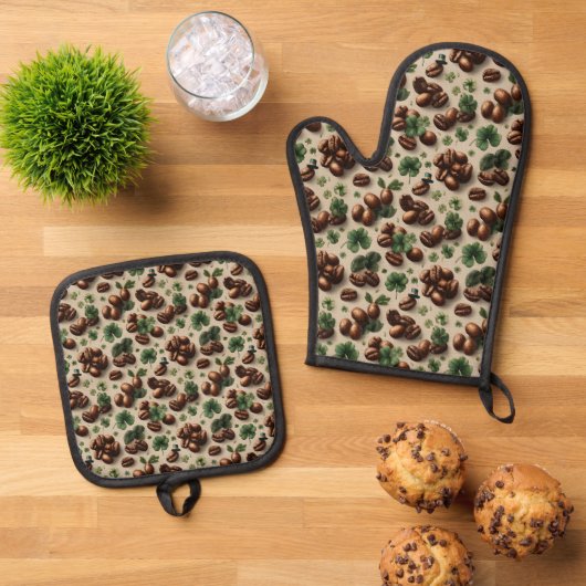 St. Patrick’s Day Coffee & Shamrock Pattern Ofenhandschuh & Topflappen-Set (Oben Unten)